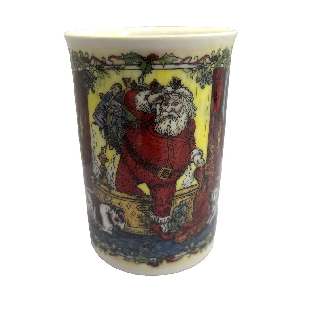 Vtg Dunoon Stoneware‎ Christmas Cheer Coffee Cocoa Mug "Santa's Arrival" Cat Dog